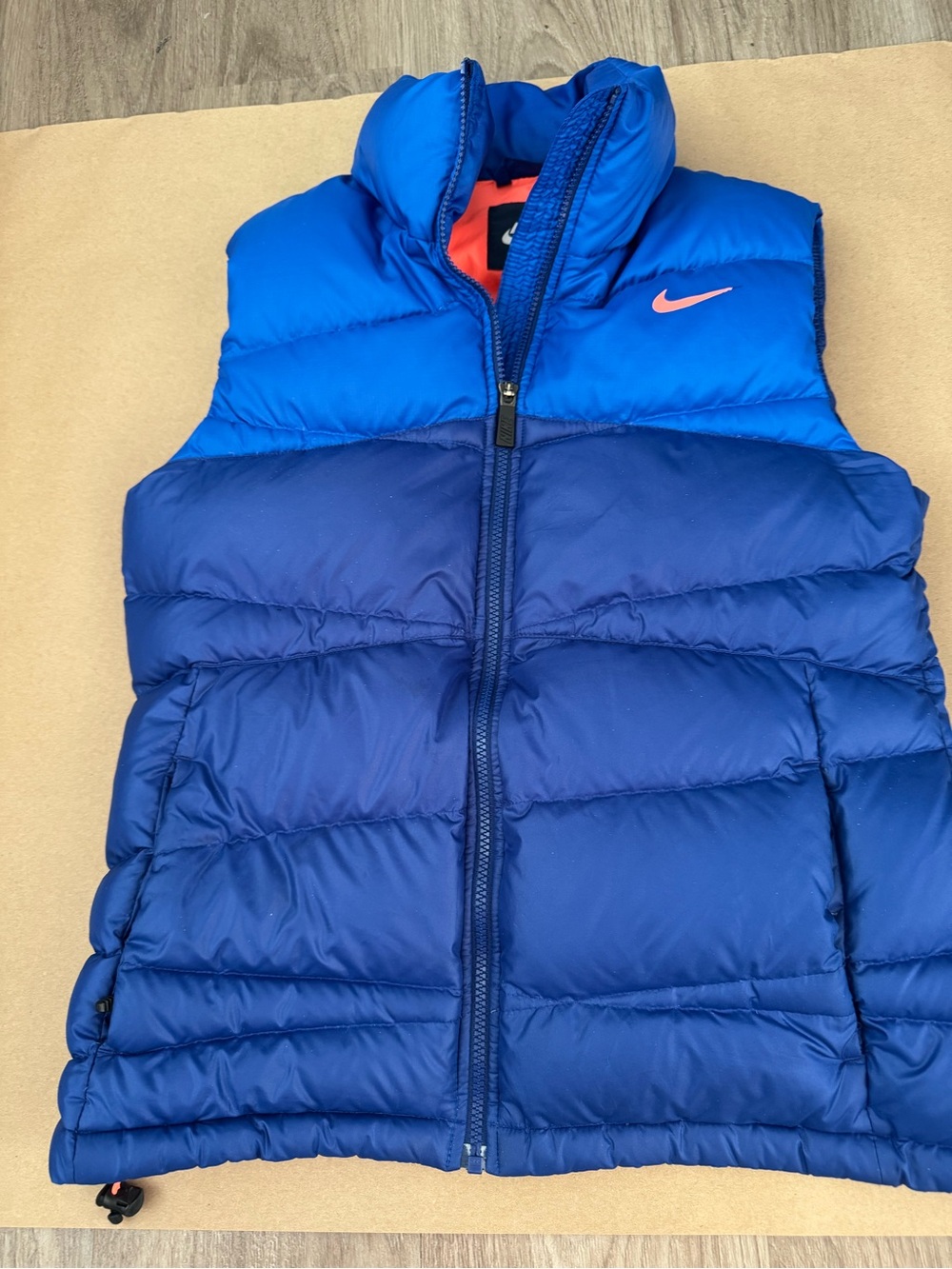 Nike Two-Tone Blue Quilted Puffer Vest with Coral Swoosh